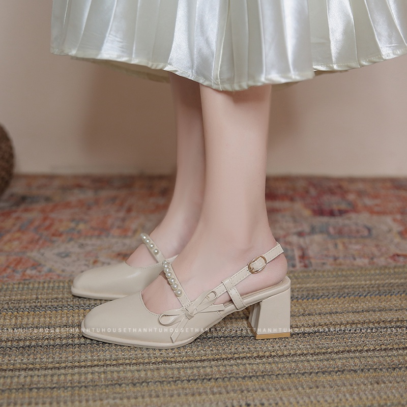 Giày Sandal Nữ Mũi Vuông Cao Gót Phối Nơ Hàn Quốc - ORSA002
