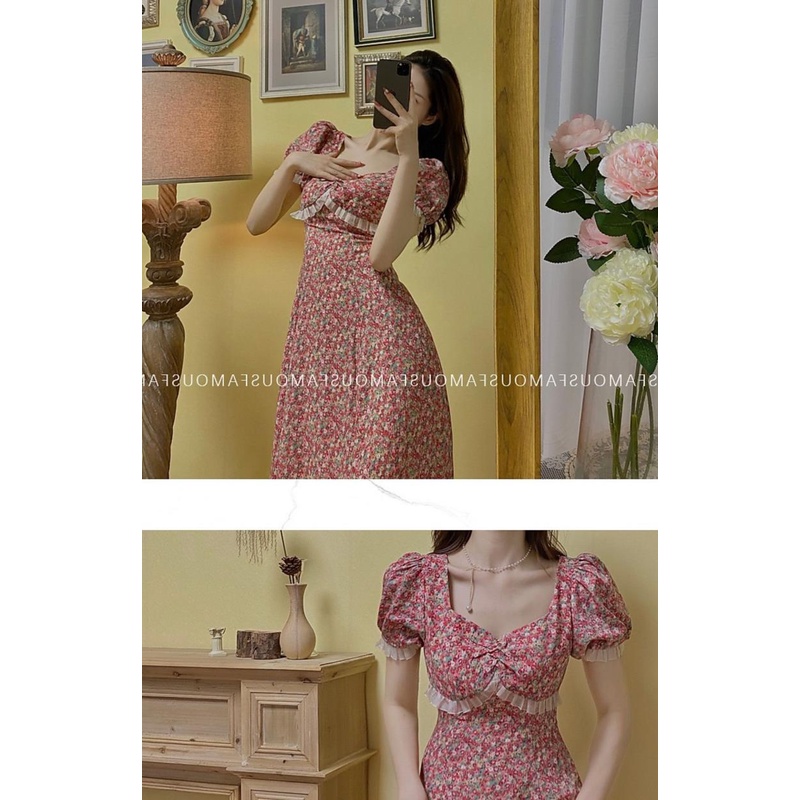 Đầm Công Chúa Dáng Dài Tay Phồng Màu Đỏ In Họa Tiết Hoa Phong Cách Pháp Thời Trang Mùa Hè Hàng Mới Dành Cho Bạn Nữ
