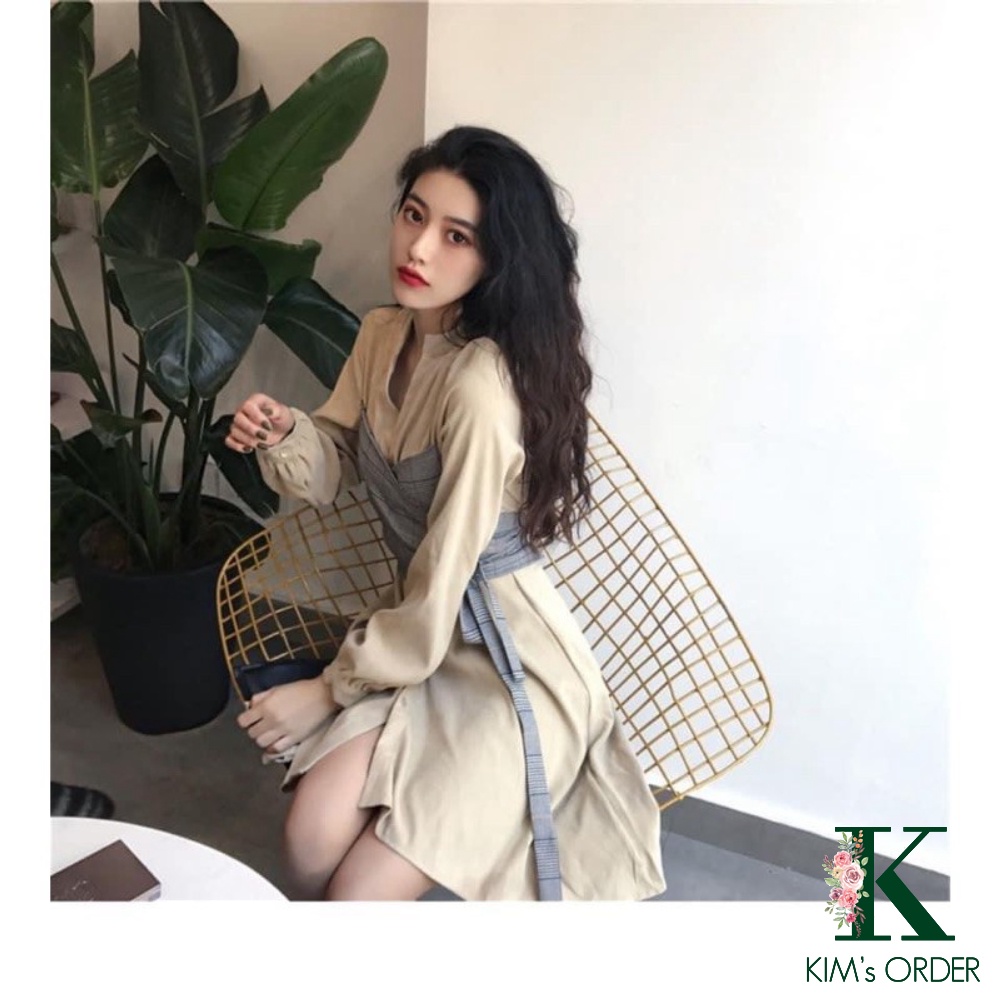 Set váy nữ màu đen màu be phối kẻ thắt nơ eo cá tính thời trang hàng Quảng Châu phong cách Hàn Quốc loại cao cấp đủ size | BigBuy360 - bigbuy360.vn