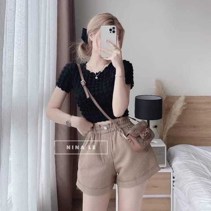 Áo croptop cộc tay Ulzzang vân caro nhiều màu - áo thun dáng ngắn ôm body quyến rũ thiết kế cá tính