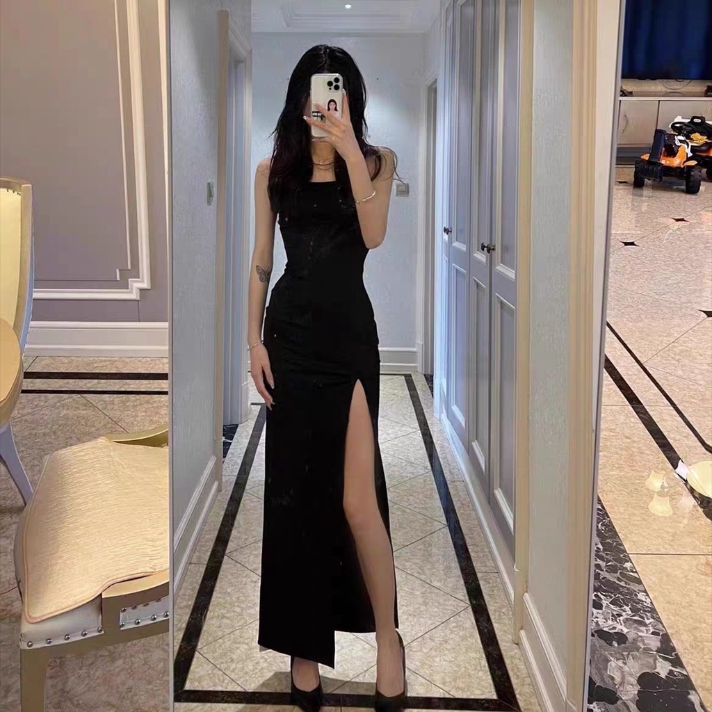 Đầm Hai Dây Dáng Dài Xẻ Tà Màu Đen Quyến Rũ Phong Cách Hồng Kông Thời Trang Mùa Hè Cho Nữ