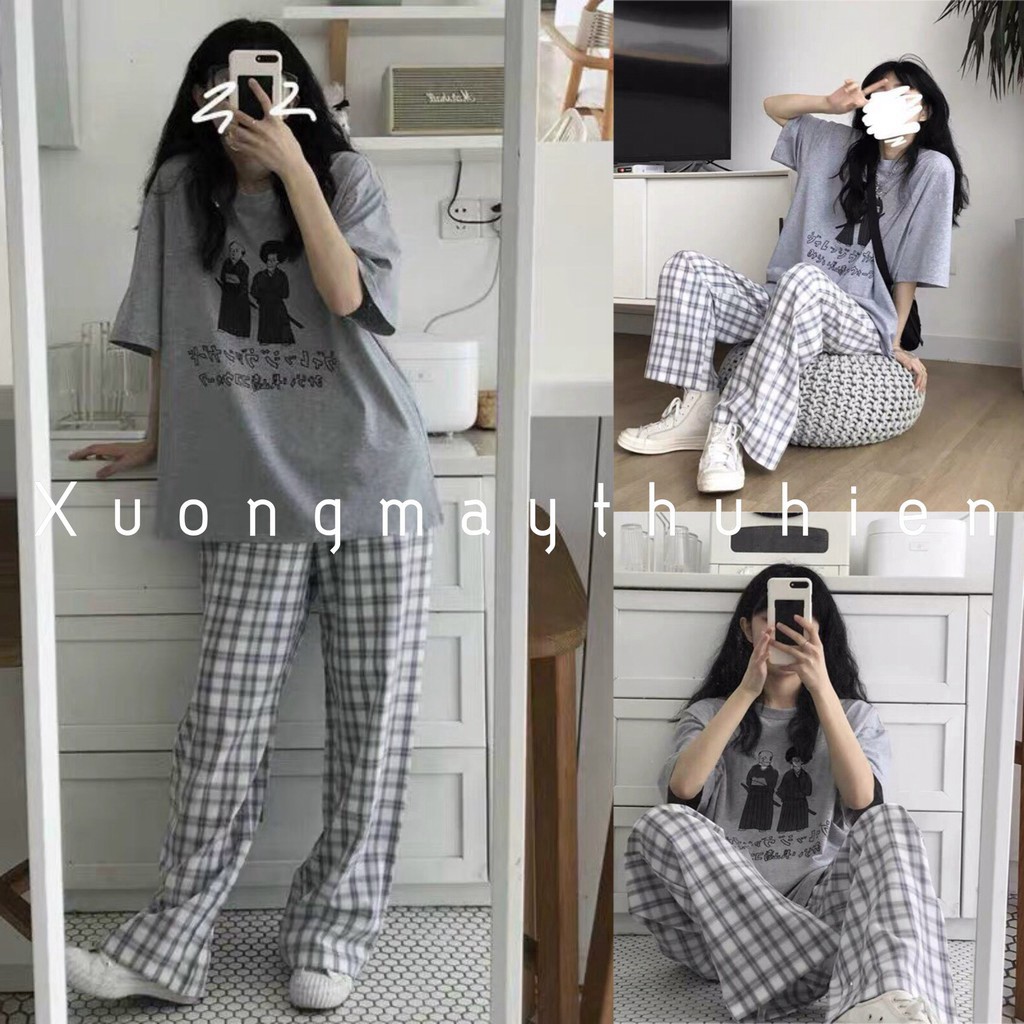 Set bộ chữ nhật xám phối quần suông ulzzang phong cách Hàn Quốc | BigBuy360 - bigbuy360.vn