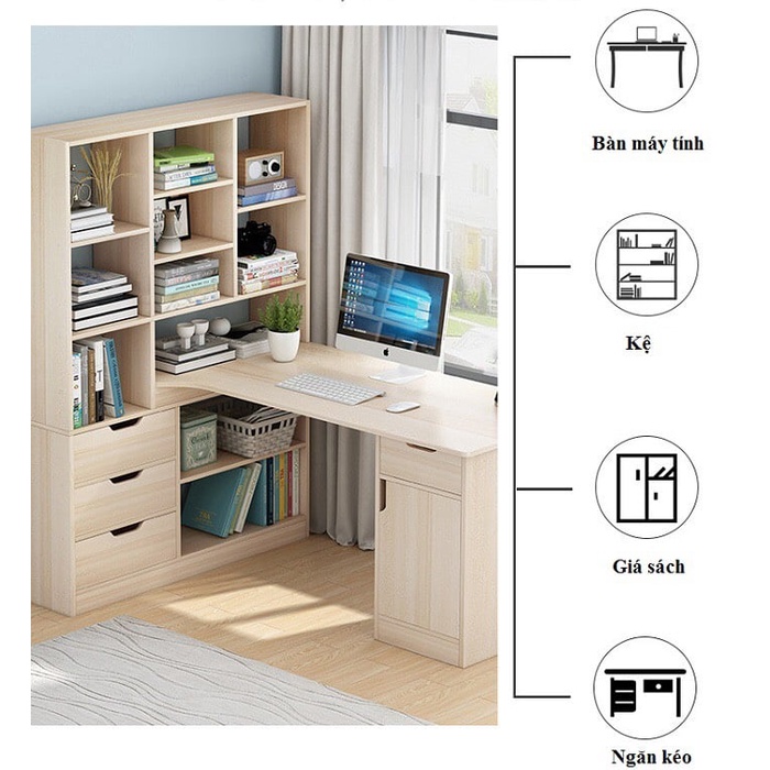 Bàn học góc - bàn làm việc liền giá sách lớn BH6836 - gỗ MDF cốt xanh chống ẩm