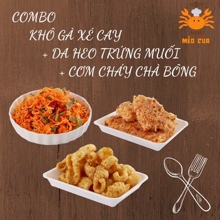 Combo Cơm cháy chà bông, Khô gà xé cay, Da heo trứng muối - Combo đồ ăn vặt - Ăn vặt Mèo Cua