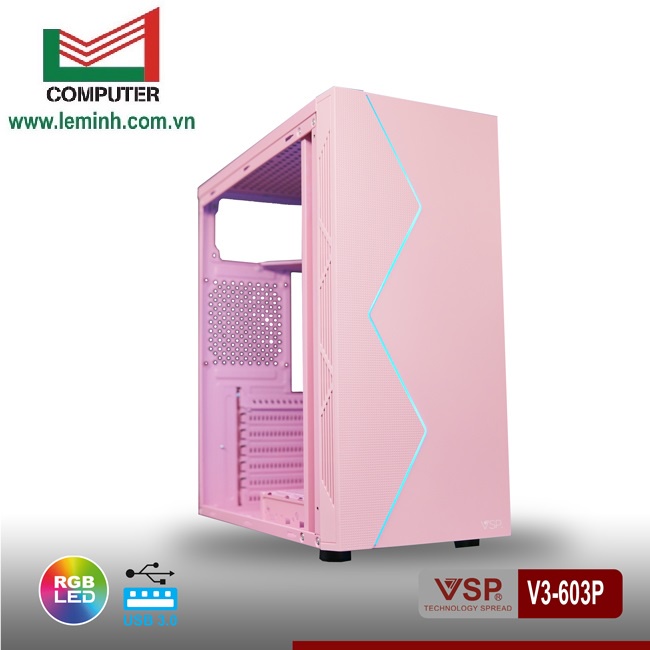 Vỏ case PC thùng máy tính chính hãng VSP V3-603P Pink Dãy LED RGB Hông trong suốt