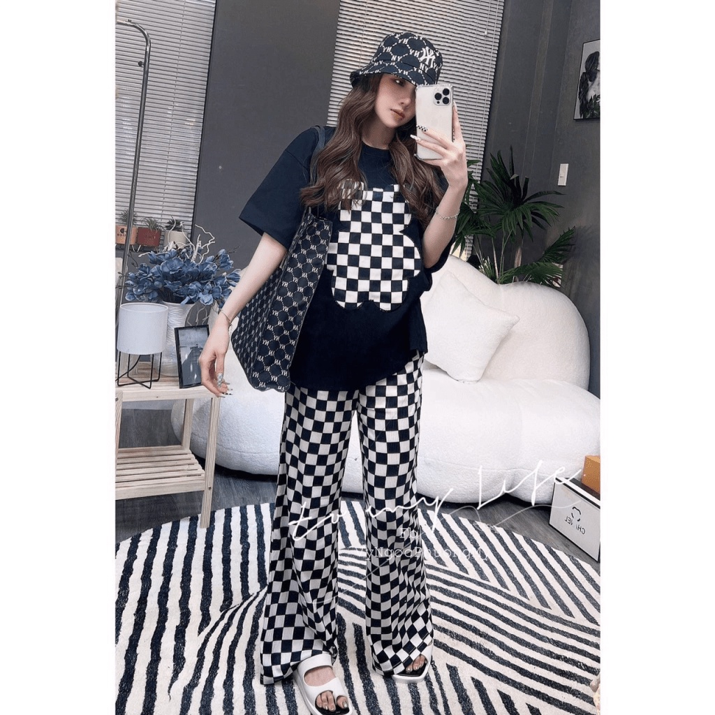 (Free Ship) SÉT BỘ NỮ QUẦN DÀI ỐNG RỘNG CARO CHÚ GẤU NHIỀU MÀU SIU HOT MMF HHp Fashion