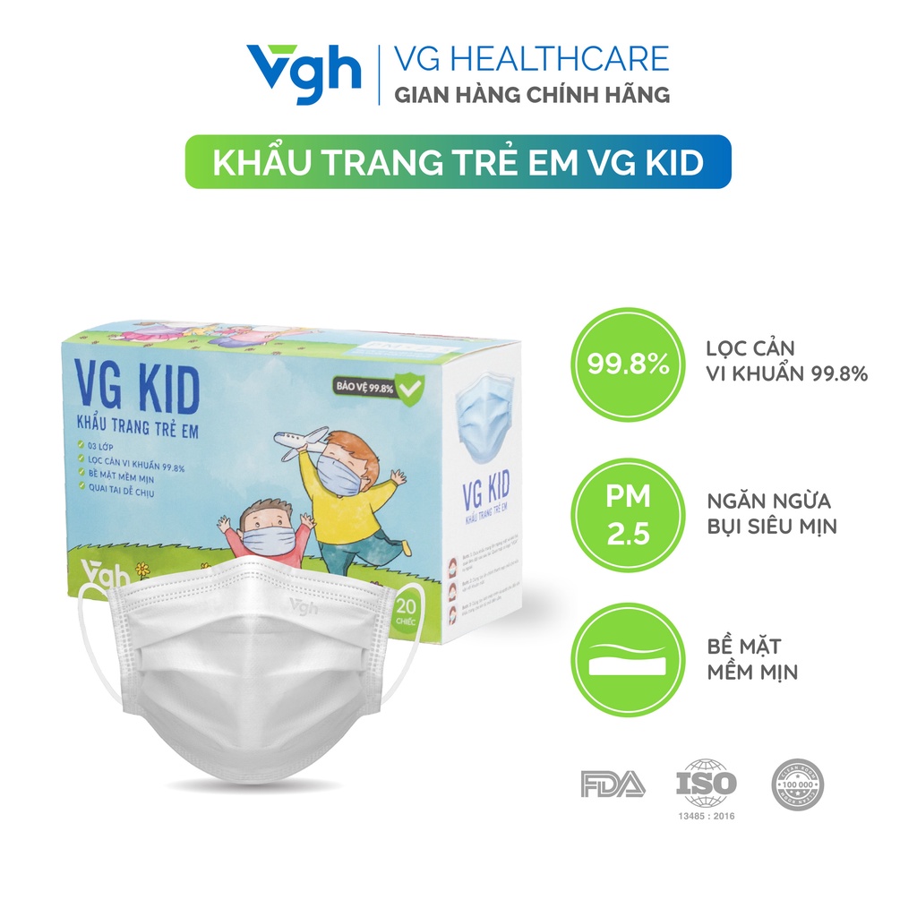 Khẩu trang VG KID cho bé kháng khuẩn, chống bụi mịn 99,98%, vừa vặn, dễ thở - Chính hãng VG Healthcare -  Hộp 20 chiếc