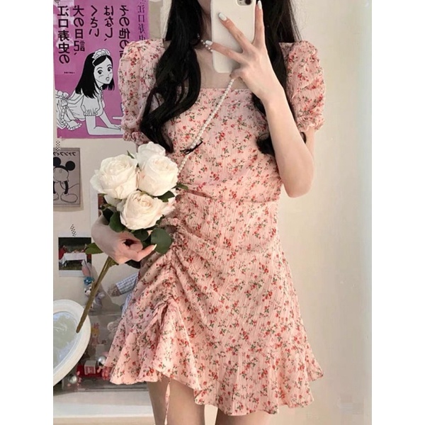 Váy đầm hoa MORAN hoạ tiết màu hồng phong cách thời trang mùa hè cho nữ