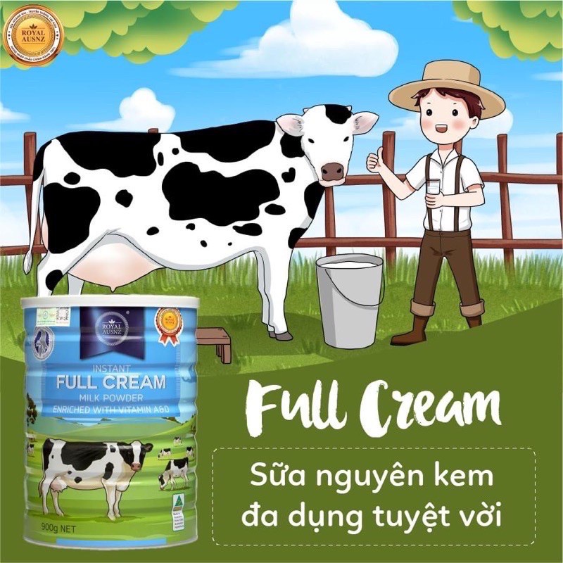 Sữa bột nguyên kem Hoàng Gia Úc Royal Ausnz Full Cream  900g bổ sung Vitamin A&D cho cả gia đình