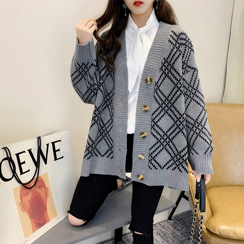 Áo Cardigan Dệt Kim Tay Dài Cổ Chữ V Họa Tiết Sọc Caro Phong Cách Retro