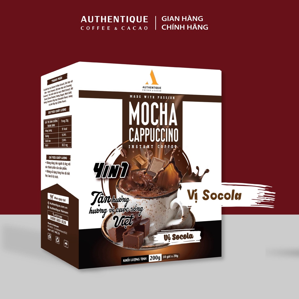 Cà phê pha sẵn hòa tan vị Sô cô la 4in1 (20G x 10Gói) - Mocha Cappuccino Instant Coffee | Authentique Instant Coffee