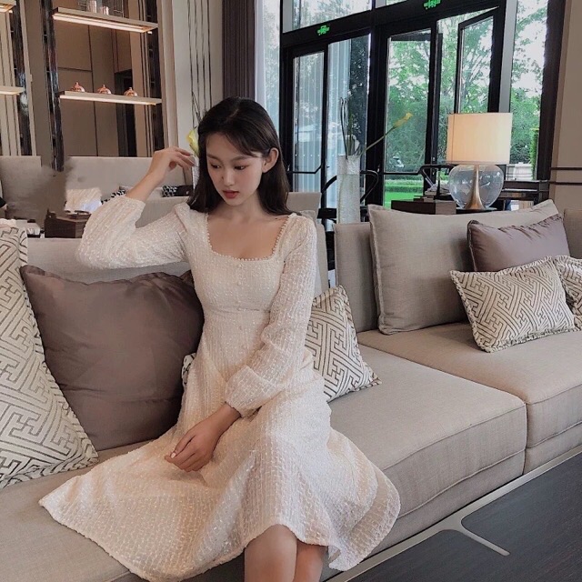 (Sẵn) Váy cổ vuông đính ngọc tay dài / Đầm Quảng Châu | BigBuy360 - bigbuy360.vn