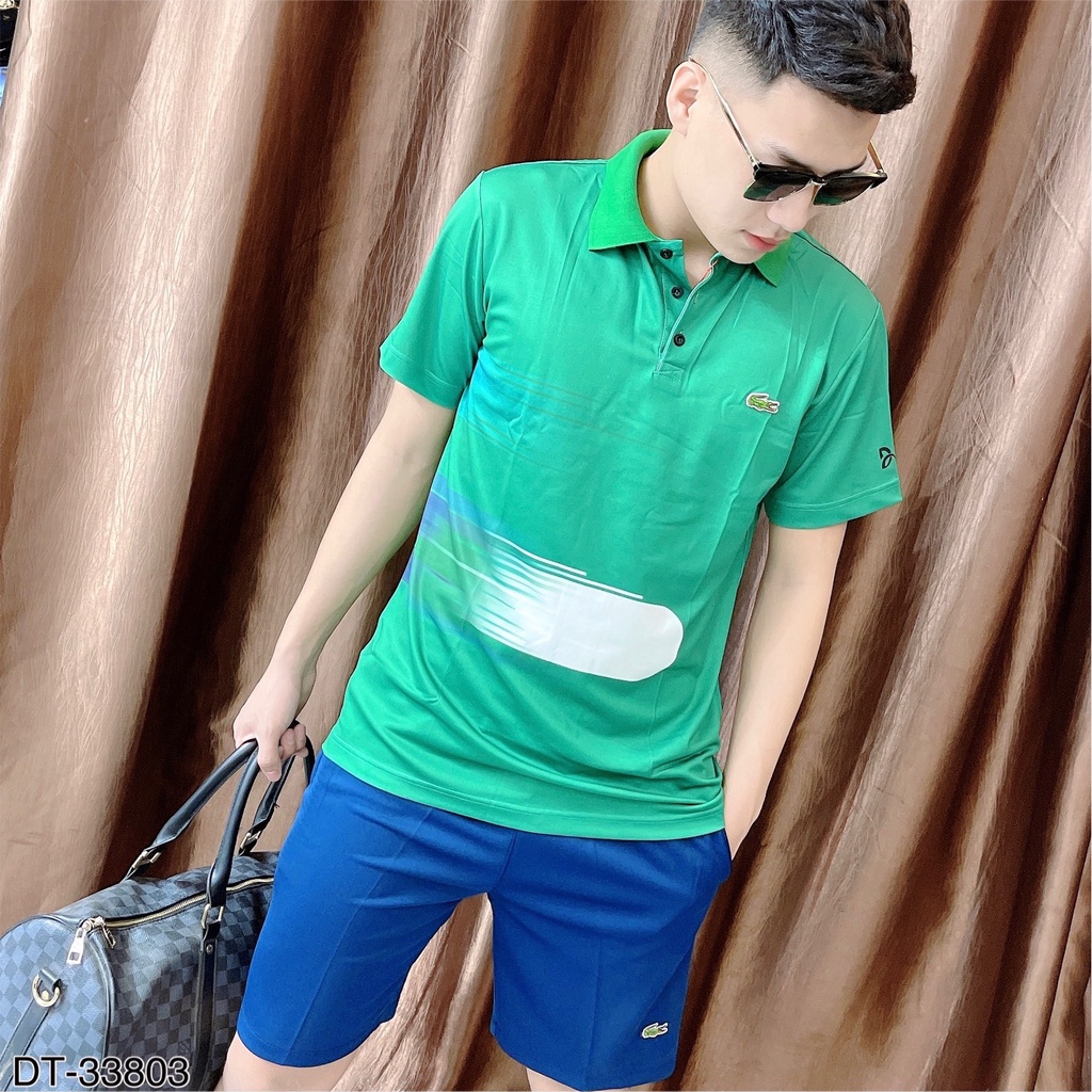 Bộ Hè Nam Cổ Bẻ . Đồ Bộ Thể Thao Hè Lacoste Kẻ Sơn Ngang Bụng Chất Liệu Vải Gai Co giãn Cao Cấp Hàng QC DT STORE