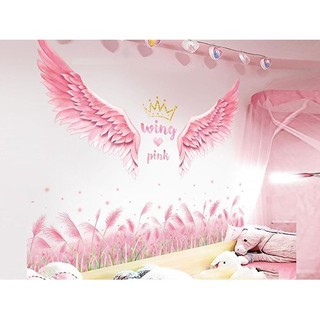 Decal chất lượng combo 2 bức decal dán tường mẫu đôi cánh thiên thường kết hợp chân tường hồng