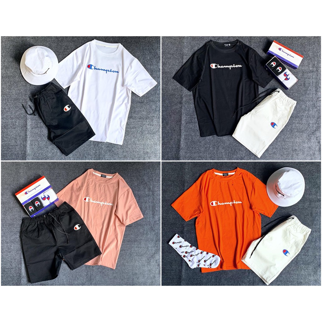 Combo Quần Short Kaki Và Áo Thun Nam Nữ Champion Unisex