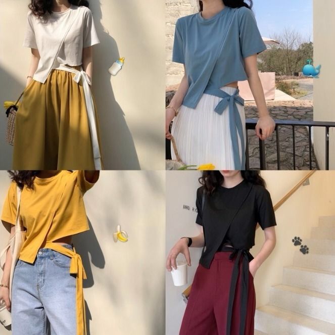 Áo Thun Lửng Tay Lỡ Thắt Dây Phong Cách Hàn Quốc Thời Trang Mới Cho Nữ