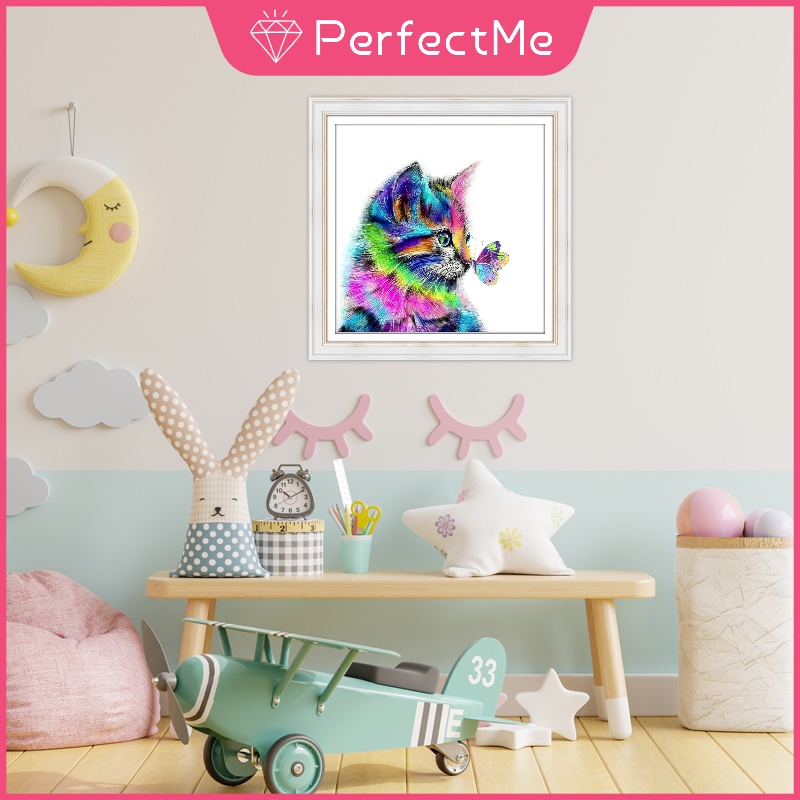 Bộ tranh đính đá 5D tự làm 30x30cm hình mèo và bướm dễ thương