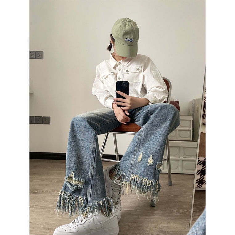 Jiashucheng Hàng Có Sẵn Quần Jean Ống Rộng Rách Gối Phong Cách Đường Phố Mùa Hè Mới Cho Nữ