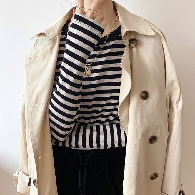 Áo thun tay dài họa tiết kẻ sọc thời trang đơn giản 45891