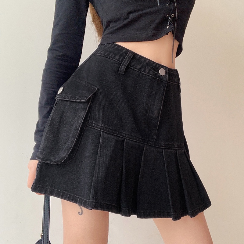 Women Fashion High Waist Ruffle Hem Skirt，Female Stylish Denim Skirt