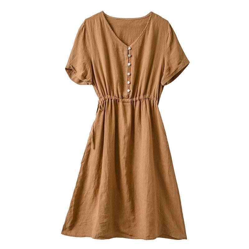 Đầm Linen dáng suông cổ tim phối cúc Màu Nâu tây