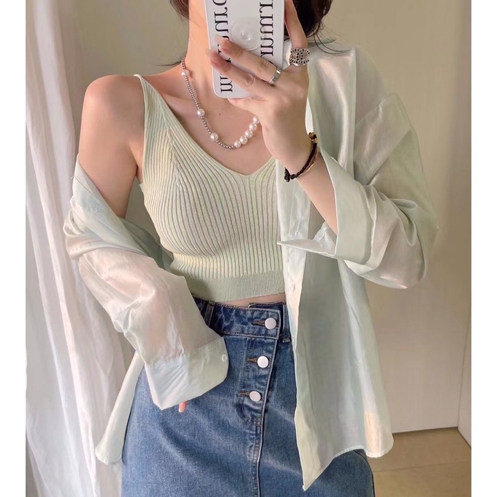 ( Ảnh thật )  A0610 Áo 2 dây len cổ tim ngang lưng