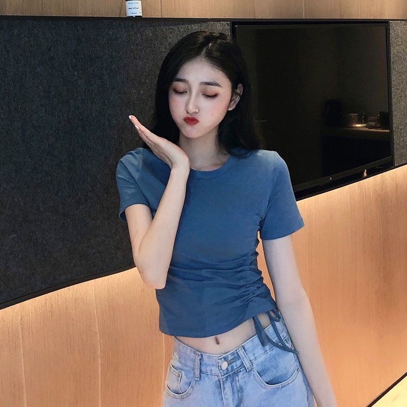 Áo Croptop Tay Ngắn Cổ Chữ V Lưng Cao Phối Dây Rút Thời Trang Quyến Rũ Cho Nữ