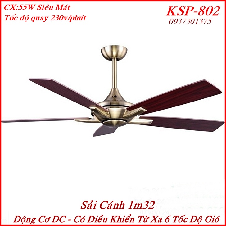 Quạt Trần 5 Cánh Gỗ Không Đèn_Động Cơ DC Lõi Đồng Có Điều Khiển Từ Xa 6 Tốc Độ Gió_Bảo Hành 2 Năm