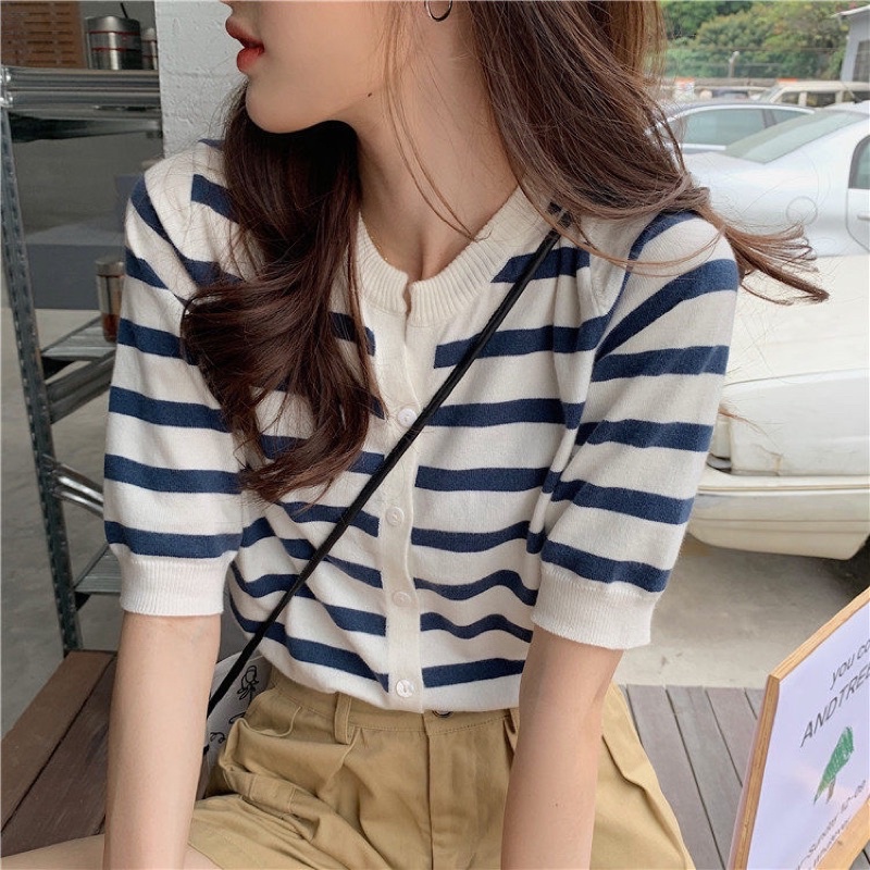 Áo kẻ sọc mỏng dệt kim cài khuy xinh xắn ulzzang phong cách Hàn Quốc (ảnh thật ở cuối)