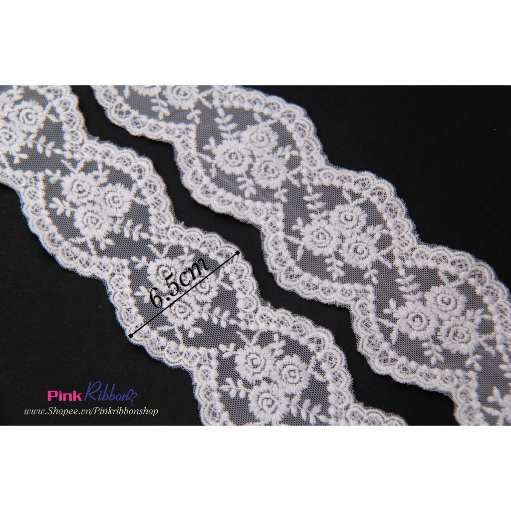 Ren trắng thêu hoa dày, bề rộng 6.5cm