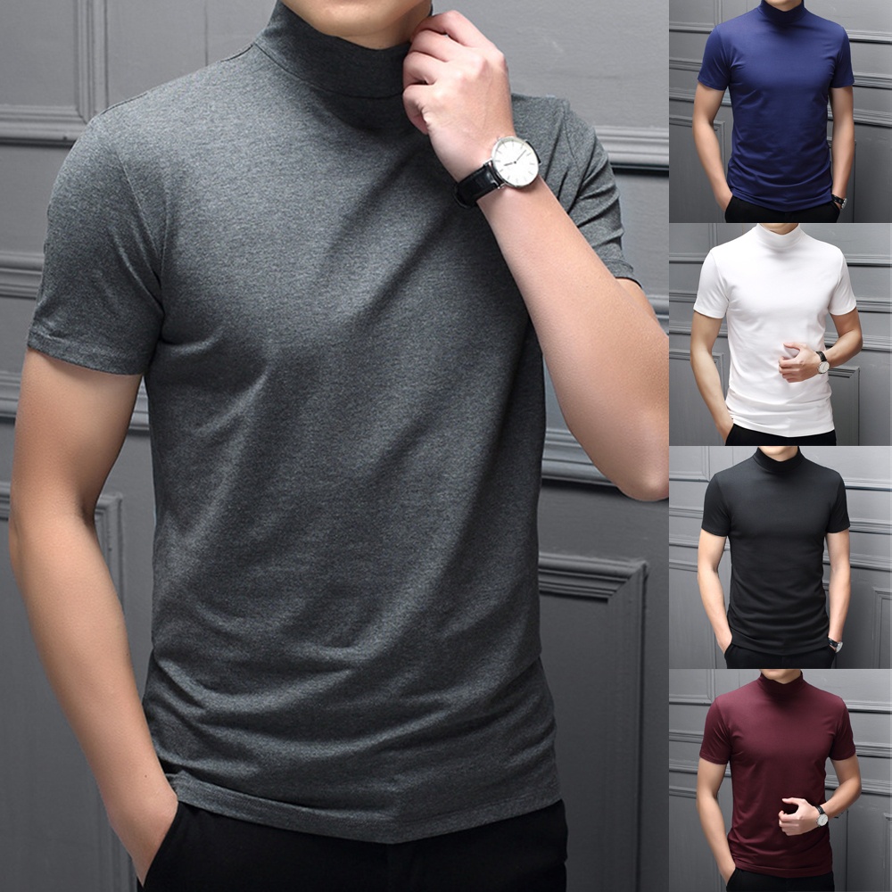 GORGEOUS~Men Mock Neck Basic Plain Blouse T-shirt Pullover Short Sleeve Top Bottoming Top