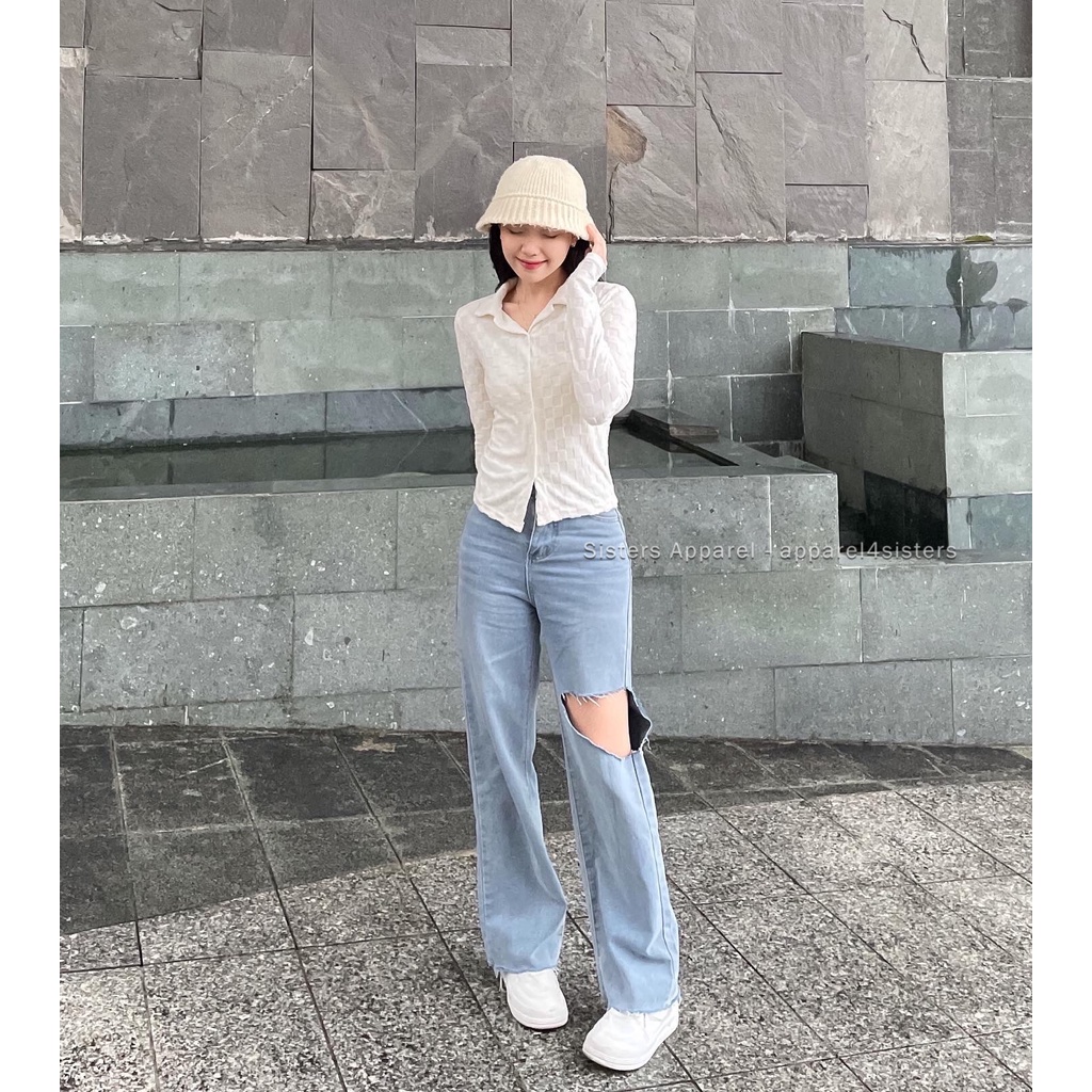 Quần Jeans suông dài rách 1 đùi cắt lai-QJ103