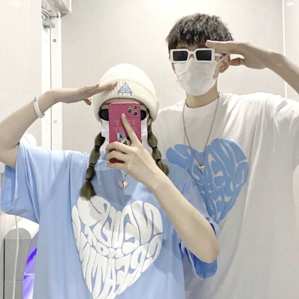 Áo Thun Tay Ngắn Dáng Rộng In Hình Trái Tim Phong Cách Hàn Quốc Cho Cặp Đôi