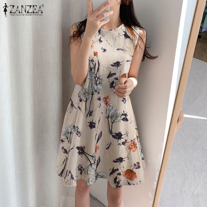 Đầm Zanzea ngắn không tay cổ tròn in họa tiết hoa phong cách Vintage Hàn Quốc dành cho nữ