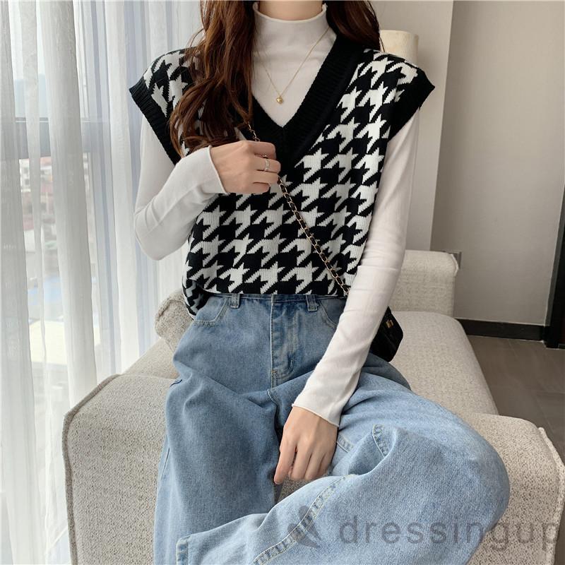 Áo len dệt không tay cổ V họa tiết hình học độc đáo thời trang cho nữ | BigBuy360 - bigbuy360.vn