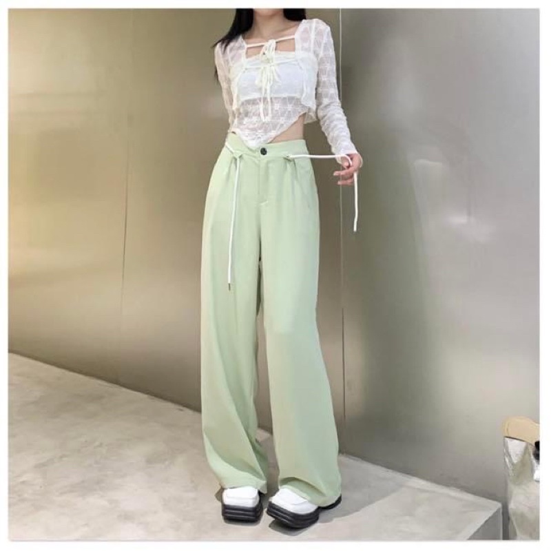Quần baggy tây kiểu dài nữ ống suông đứng trơn dây buộc eo - Order taobao quảng châu