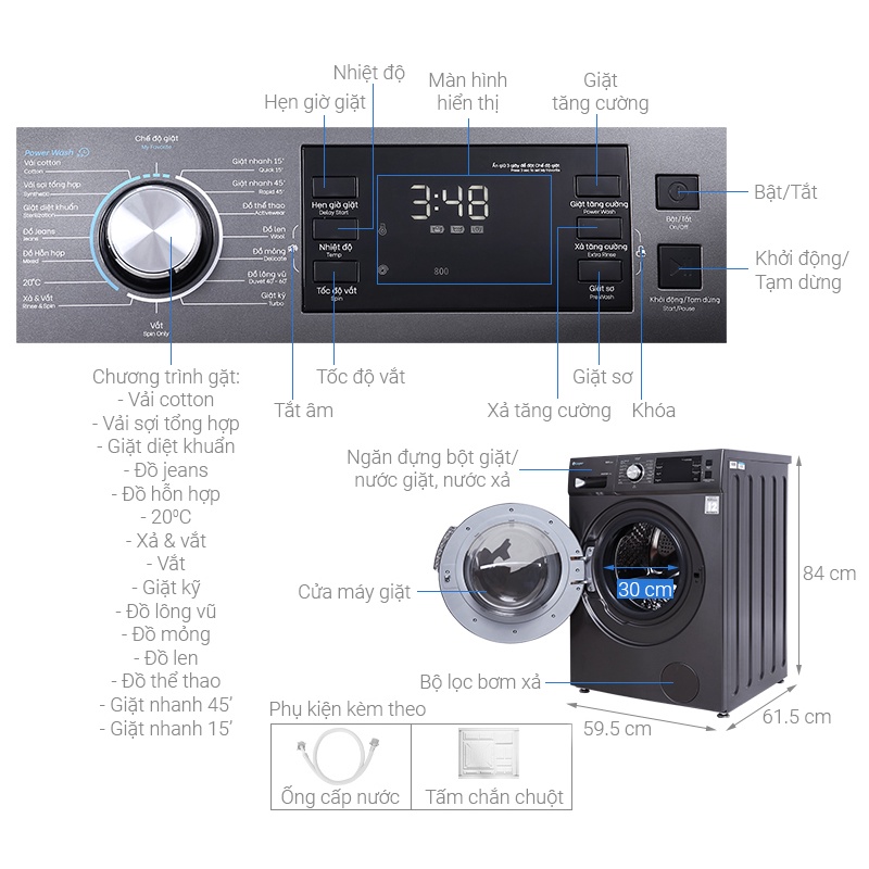 Máy giặt Casper Inverter 8.5 kg WF-85I140BGB