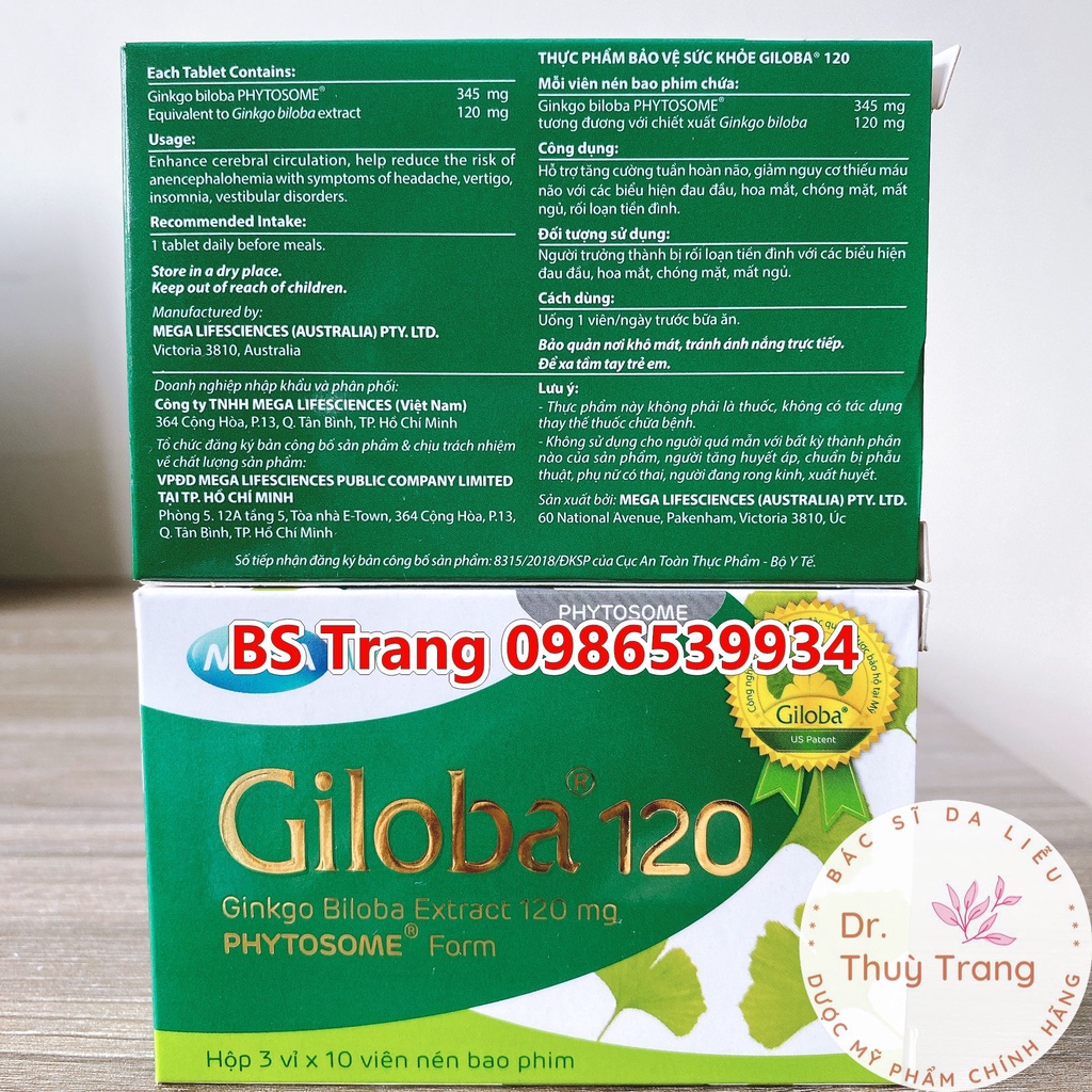GILOBA 120 - Mega We Care - Cao lá bạch quả Ginkgo giloba, Bổ não, Tăng trí nhớ, hỗ trợ giảm rối loạn tiền đình, mất ngủ
