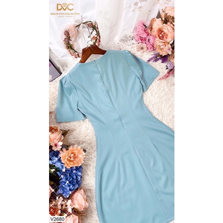 V2680 - váy dáng chữ A màu xanh