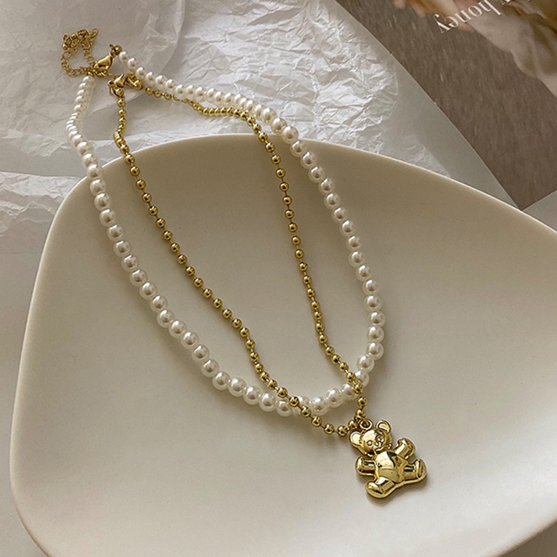 Vòng cổ Đính Ngọc Trai Giả Mặt Hình Gấu Thời Trang Dành Cho Nữ