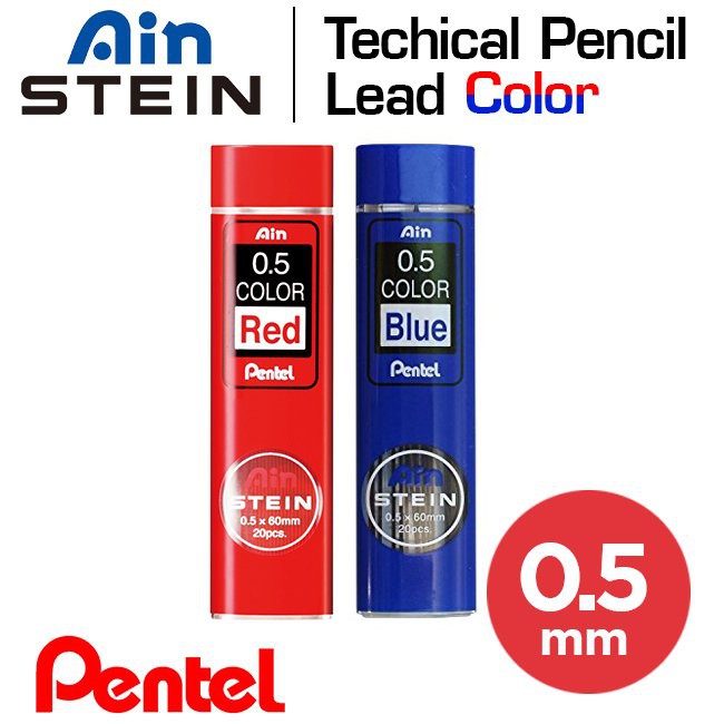 Ruột Chì Kim Pentel Ain Stein 2B Ngòi 0.5mm C275-RD Chì Đỏ và C275-BL Chì Xanh | Cấu Trúc Tổ Ong Siêu Cứng (20 Ruột)