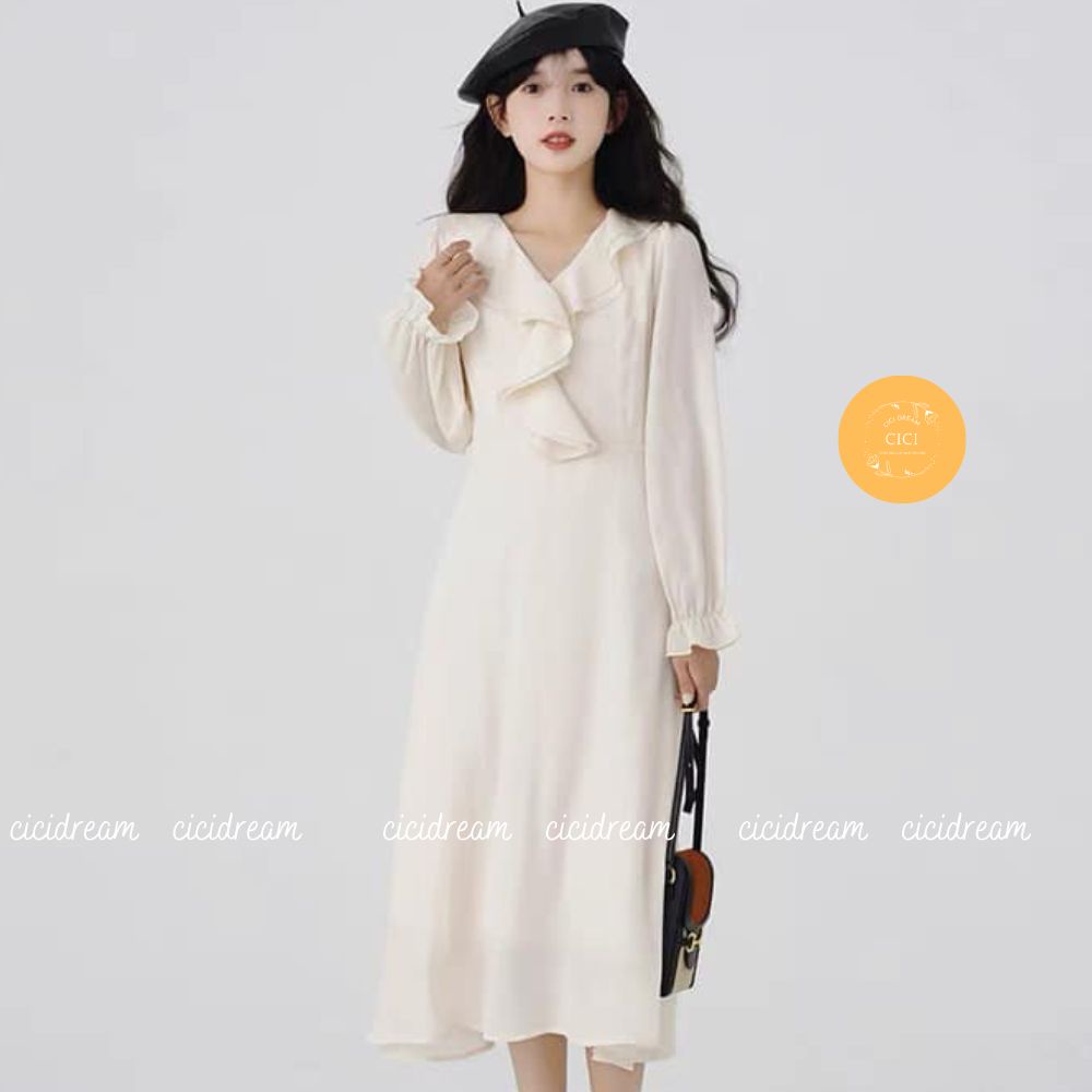 Váy  cổ bèo babydoll đuổi cực xinh , váy  cổ bèo dài tay Vintage