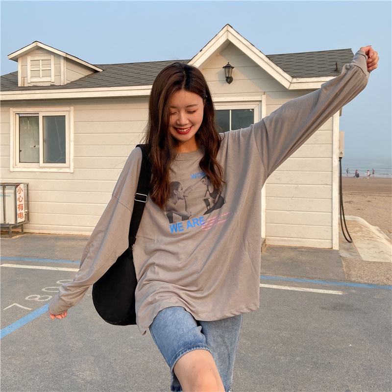 Áo thun tay dài cổ tròn phong cách Hàn Quốc thời trang mùa thu cho nữ 4 màu