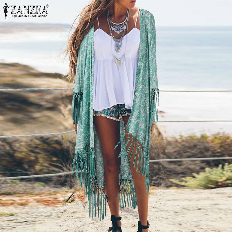 Zanzea Áo Khoác cardigan Nữ Tay Lửng Họa Tiết Hoa Phong Cách Retro