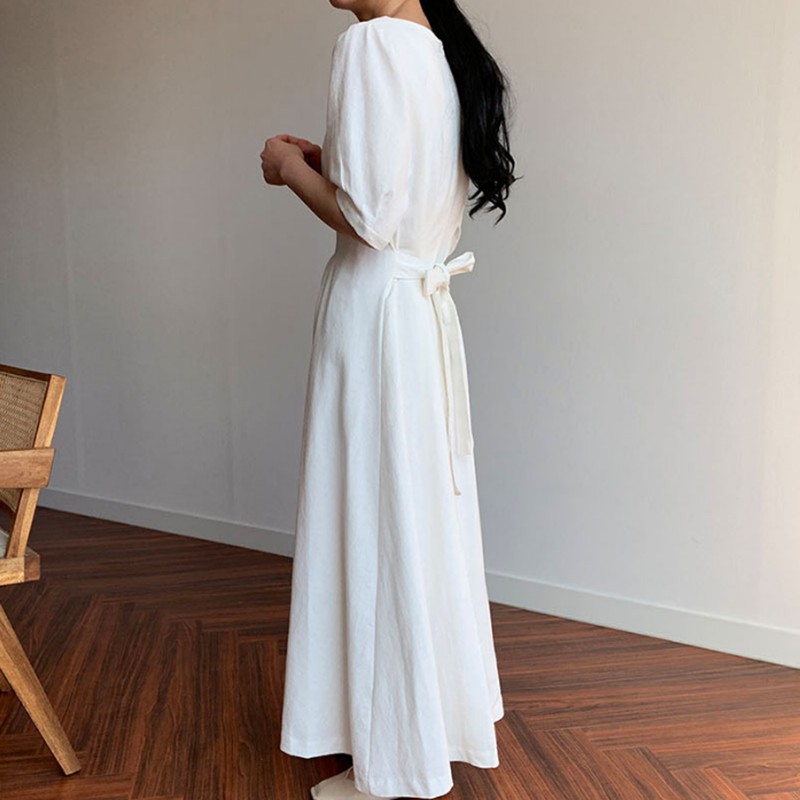 (ORDER) Váy cổ vuông vintage xòe dài thắt nơ eo nhẹ nhàng đơn giản Hàn Quốc