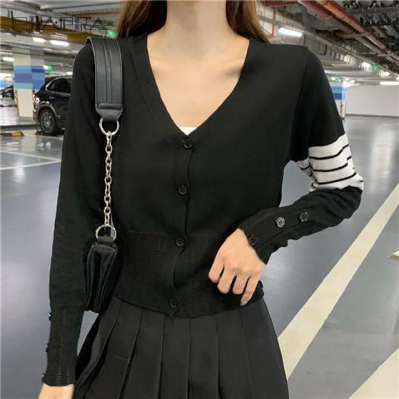 Áo Cardigan Dệt Kim Tay Dài Cổ Chữ V Hoạ Tiết Kẻ Sọc Cho Phái Nữ, Áo Khoác Dệt Kim Dáng Rộng Tay Dài Kẻ Sọc Kiểu Hàn Quốc Xinh Xắn Cho Nữ