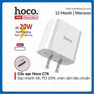 Cốc sạc 20w pd 3.0 hoco c76 1 cổng type- c, sạc nhanh 3a,pd 20w,cho iphone x/11/11promax/12 pro max/ipad