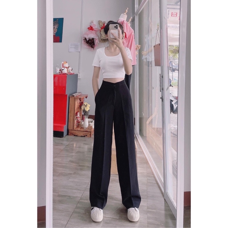 Quần ống rộng suông Tây tuyết mưa lưng siêu cao 1 nút hot hit