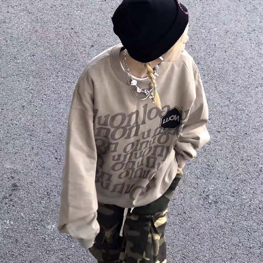 COZOK Áo sweater tay dài hoạ tiết chữ thiết kế trễ vai phong cách Vintage