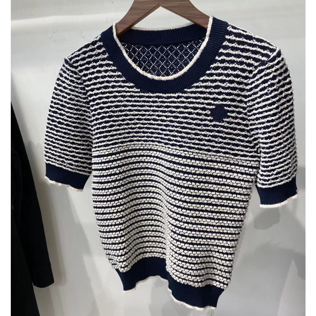NSRM Maje French style 2022 spring and summer new women's striped hollow round neck design knitted T-shirt top MFPPU00488